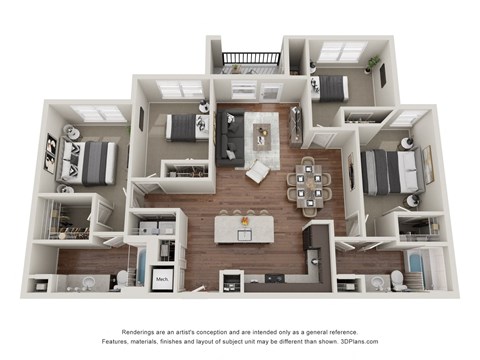 Floor plan for 4 beds, 2 baths, 1345 sqft